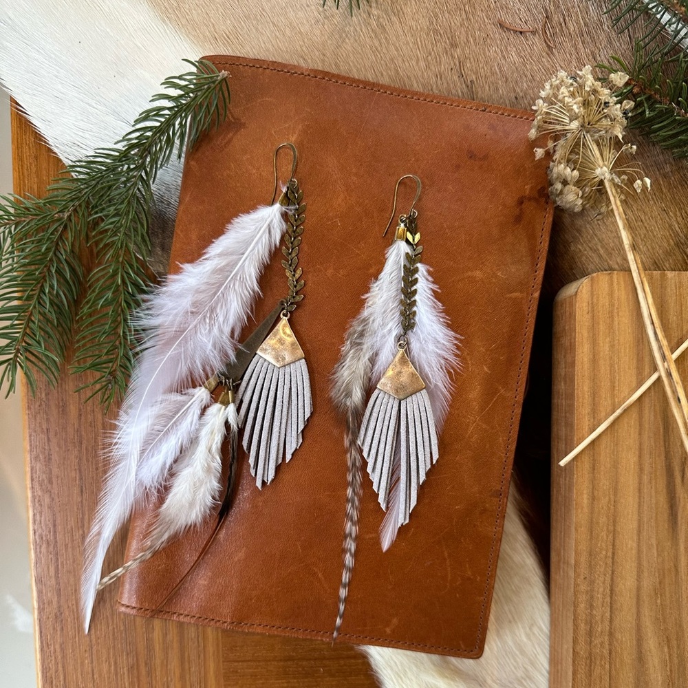 Suede Fringe Arrow Feather Antique Brass Bohemian Statement Earrings - Picture 5 of 11